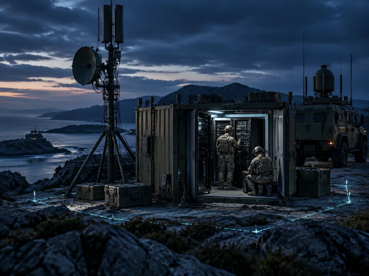 Deployed military communications specialists maintaining rugged servers in a coastal field shelter beside a tactical antenna mast and armored communications vehicle