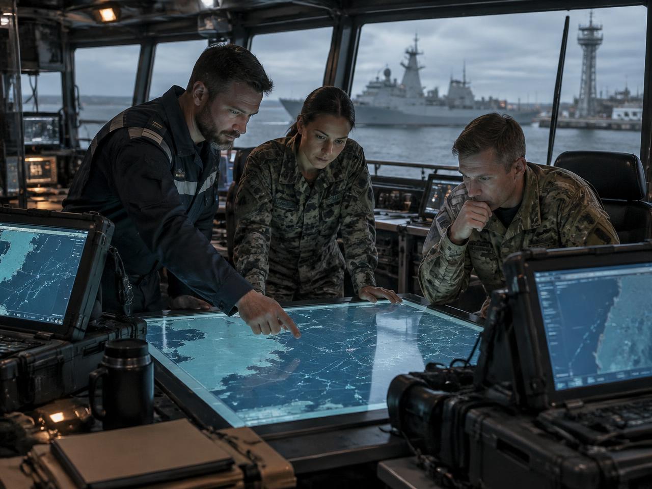 Allied military operators sharing a maritime spatial picture across rugged workstations in a naval command center overlooking a frigate and shore communications infrastructure