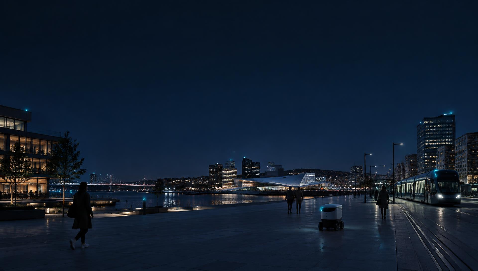 A city waterfront at night where people, a tram, a delivery robot and buildings share one space