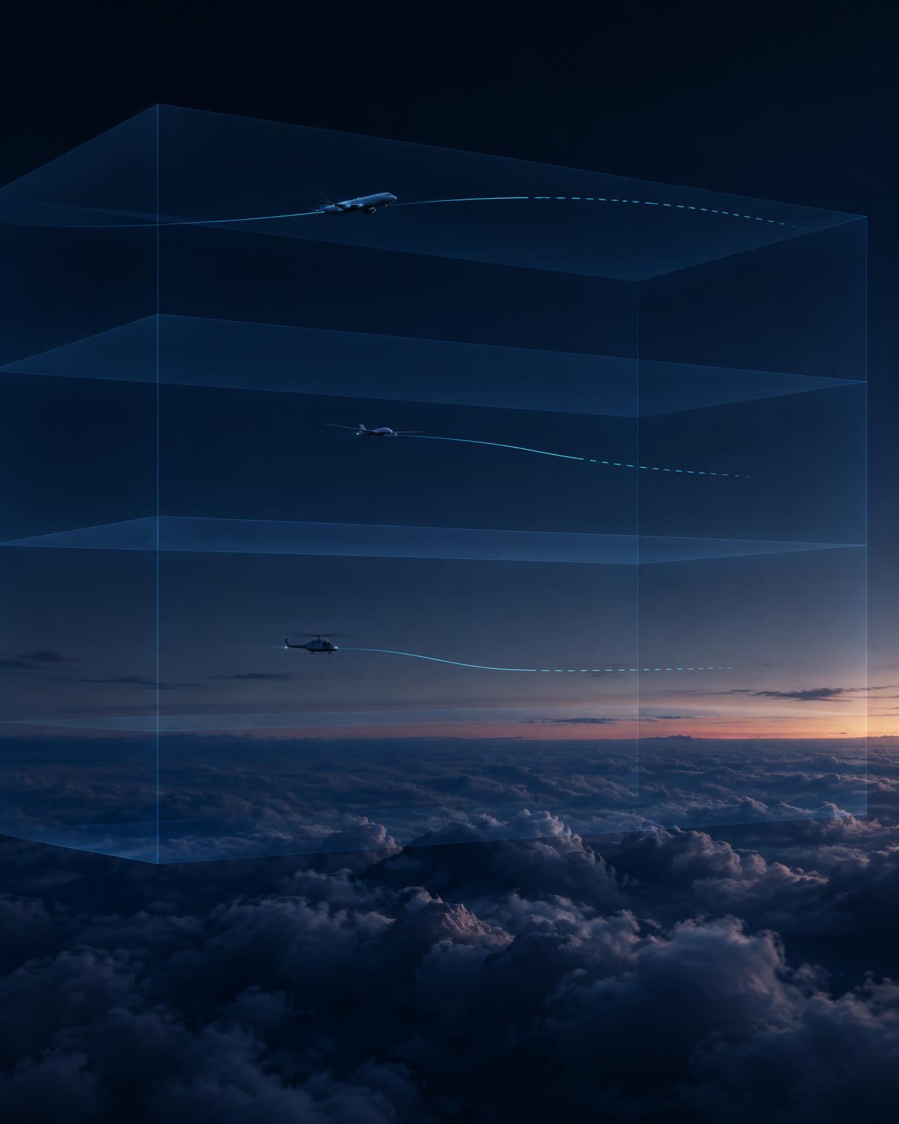 One shared three-dimensional airspace with layered altitude planes and aircraft at different heights following predicted trajectories