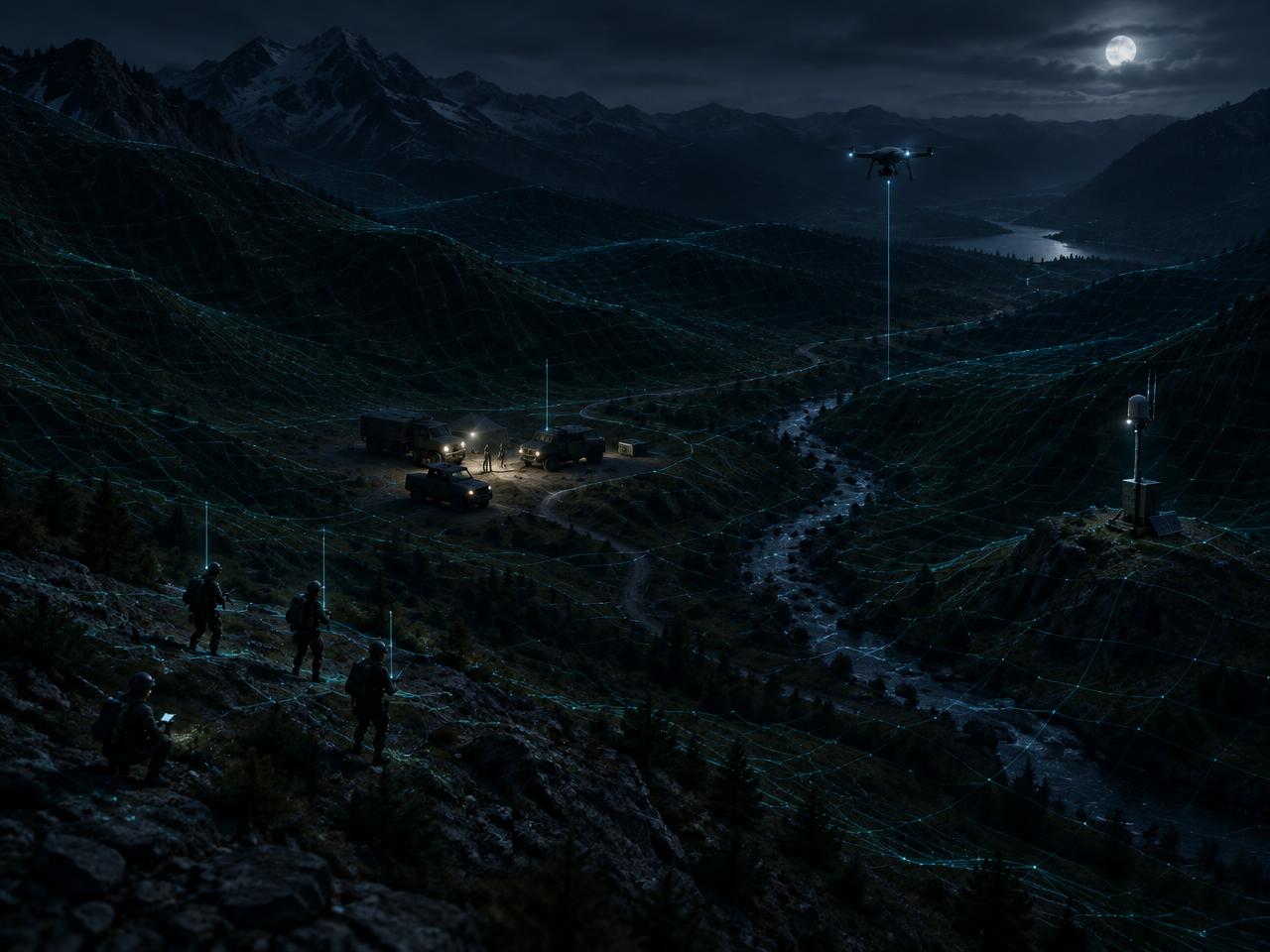 Personnel, vehicles, a drone and a sensor post held within one spatial grid that follows a mountain valley