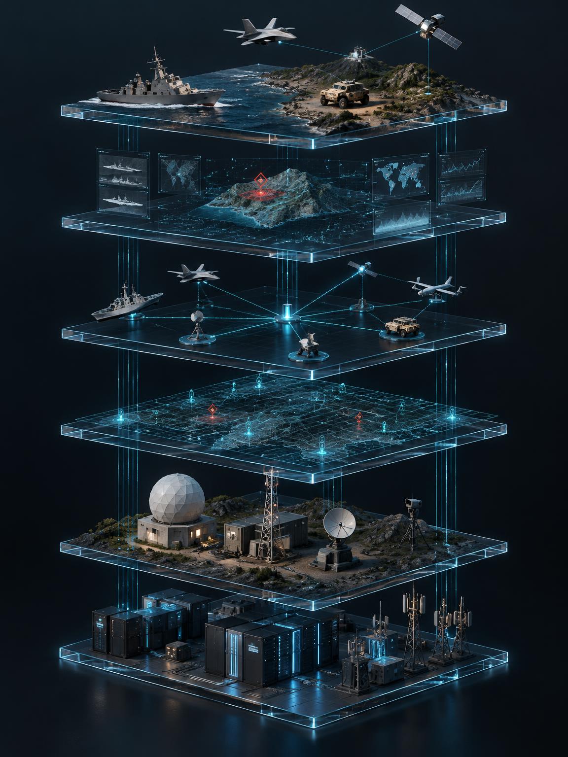 Six stacked architecture layers: military applications across sea, land, air and space; intelligence displays; fused asset network; spatial positioning grid; radar and sensing installations; secure computing and communications infrastructure