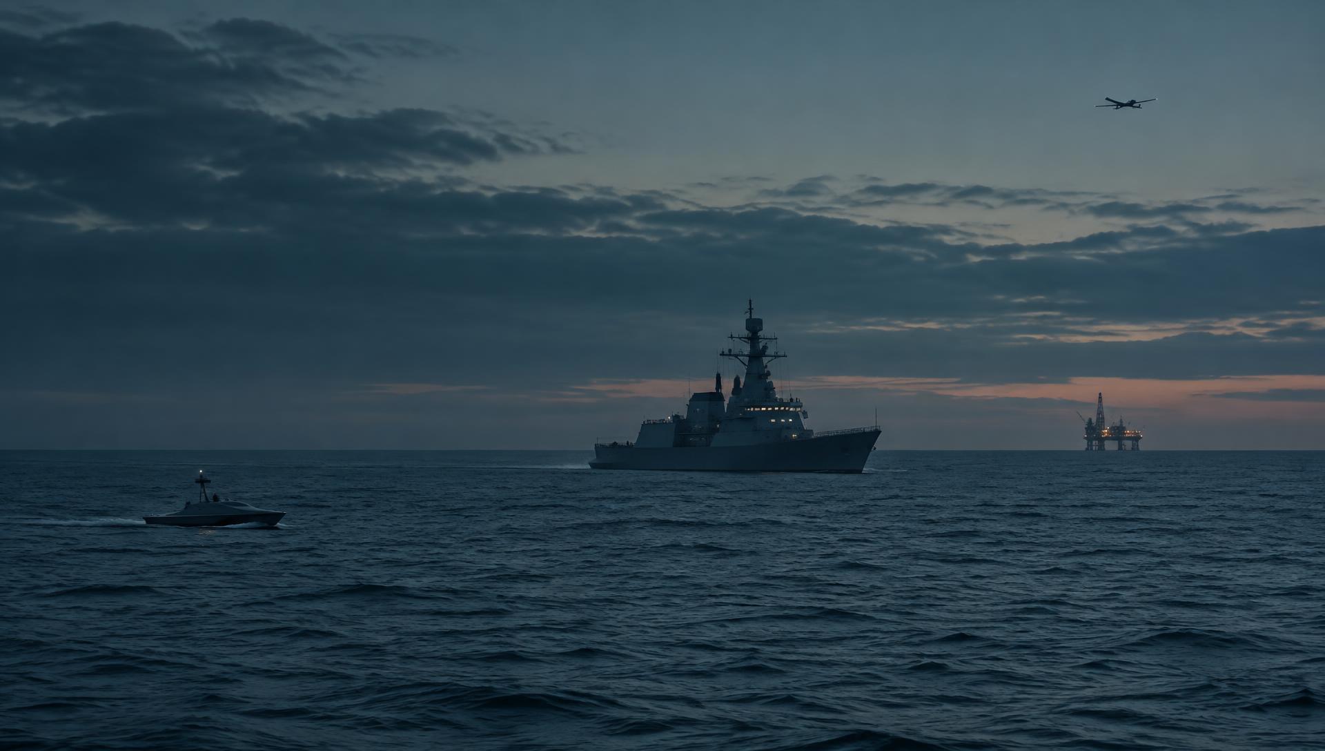 Placeholder: a surface vessel, an unmanned surface vessel and an aerial system distributed across open water at dusk, with offshore infrastructure on the horizon