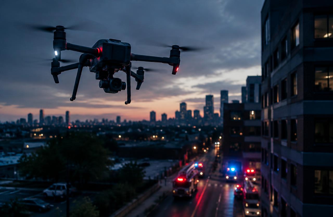 A public safety drone flying at dusk above a city street with emergency vehicles below