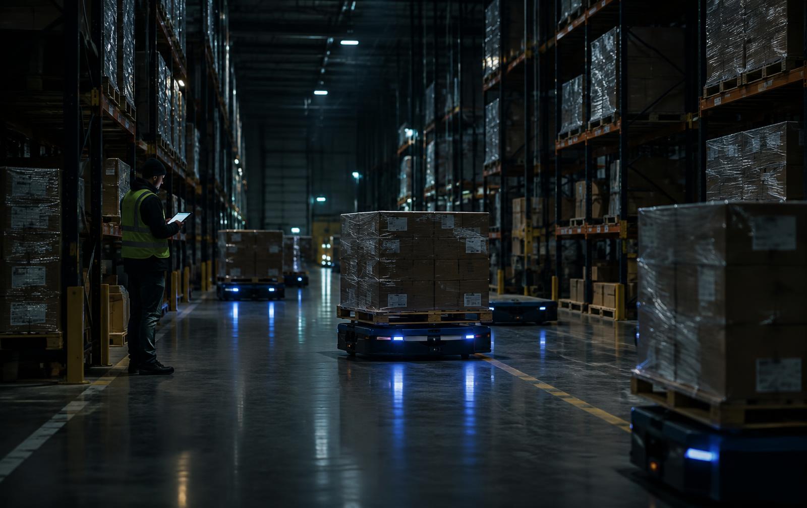 Autonomous robots moving pallets through a warehouse at night