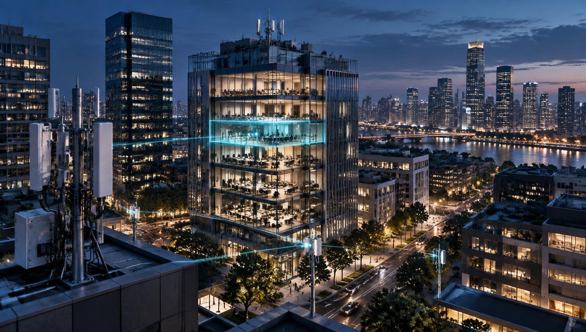 A connected city at dusk: rooftop antennas and street small cells in the foreground, and a glass office building whose highlighted floor shows InterLife spatial intelligence extending from the existing network