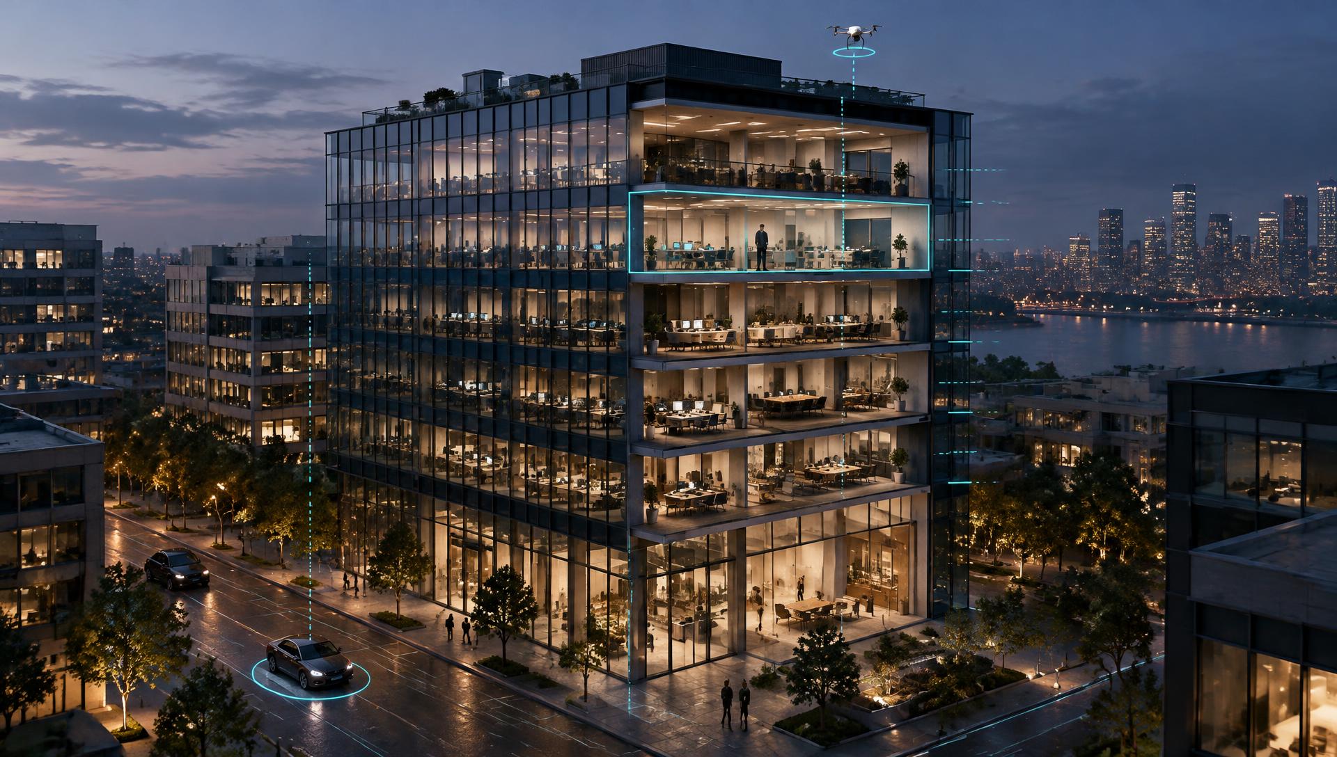 A multistory office building at blue hour shown in cutaway, with one upper floor outlined in cyan, a person located on that floor, a car marked on the street and a drone marked above the roof.